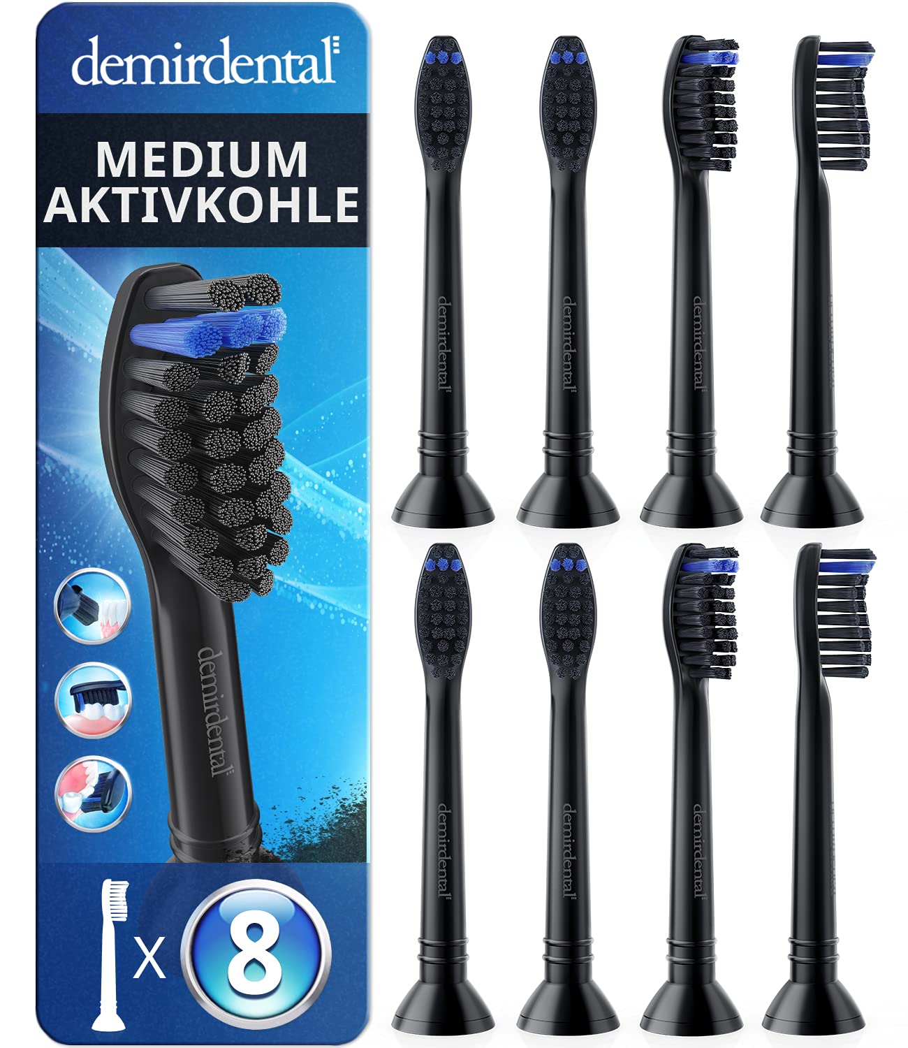 8er demirdental Ersatzbürsten passend für Philips Sonicare, Aktivkohle Aufsätze & Aufsteckbürsten, Medium Bürstenköpfe für natürliche Reinigung, Schwarz