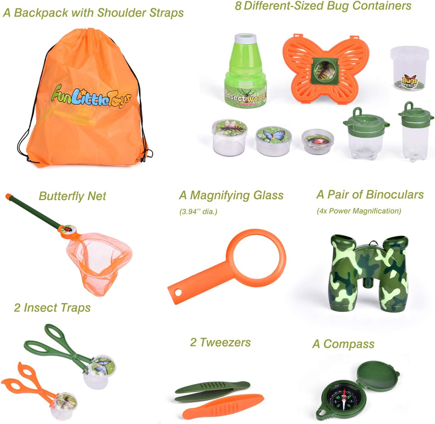 FUN LITTLE TOYS 18 PCs Bug Catcher Kits for Kids, Outdoor Explorer Kit Nature Exploration Toys Set for Boys & Girls: Toys & Games