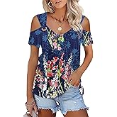 Women O Ring Cold Shoulder Cute Shirts Casual Loose Fit Short Sleeve Shirt Gradient Notched Neck Casual Tee