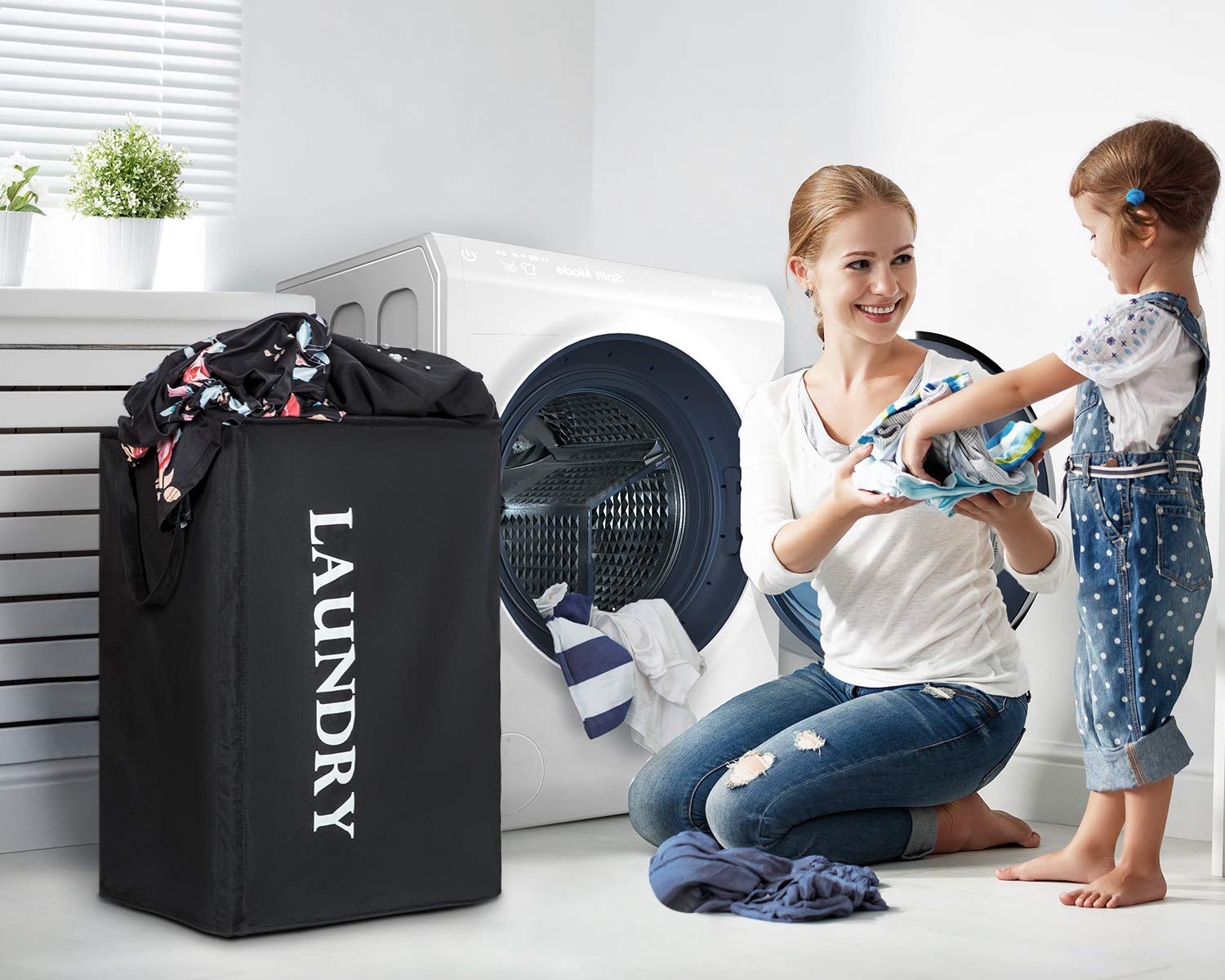 Chrislley Foldable Laundry Basket Large Standing Handy Rectangular Laundry Bin 600D Oxford Fabric Waterproof Laundry Hamper 73.6L (Black)