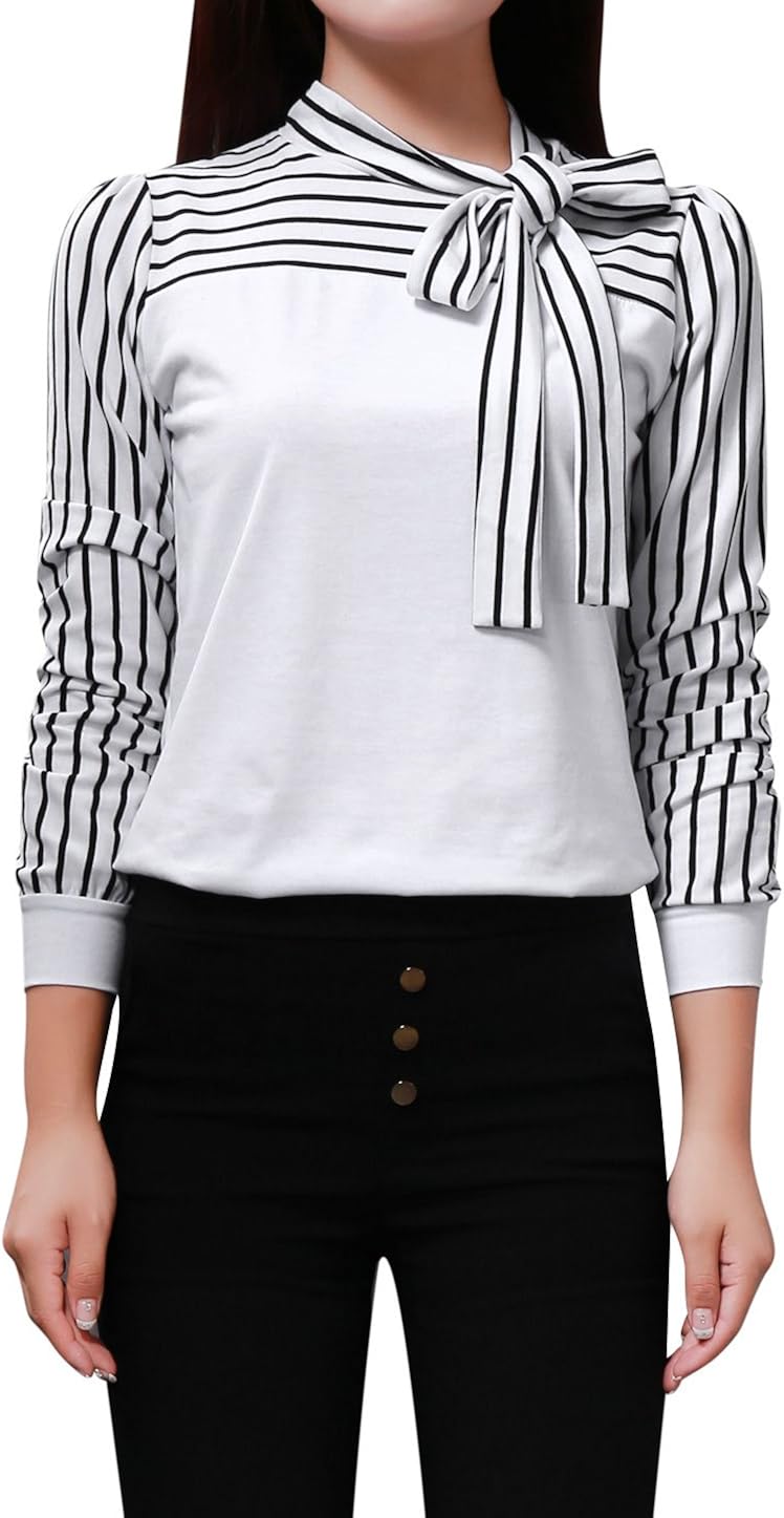 Allegra K Women's Tie-Bow Neck Striped Blouse Long Sleeve Shirt Office Work Shirt Tops