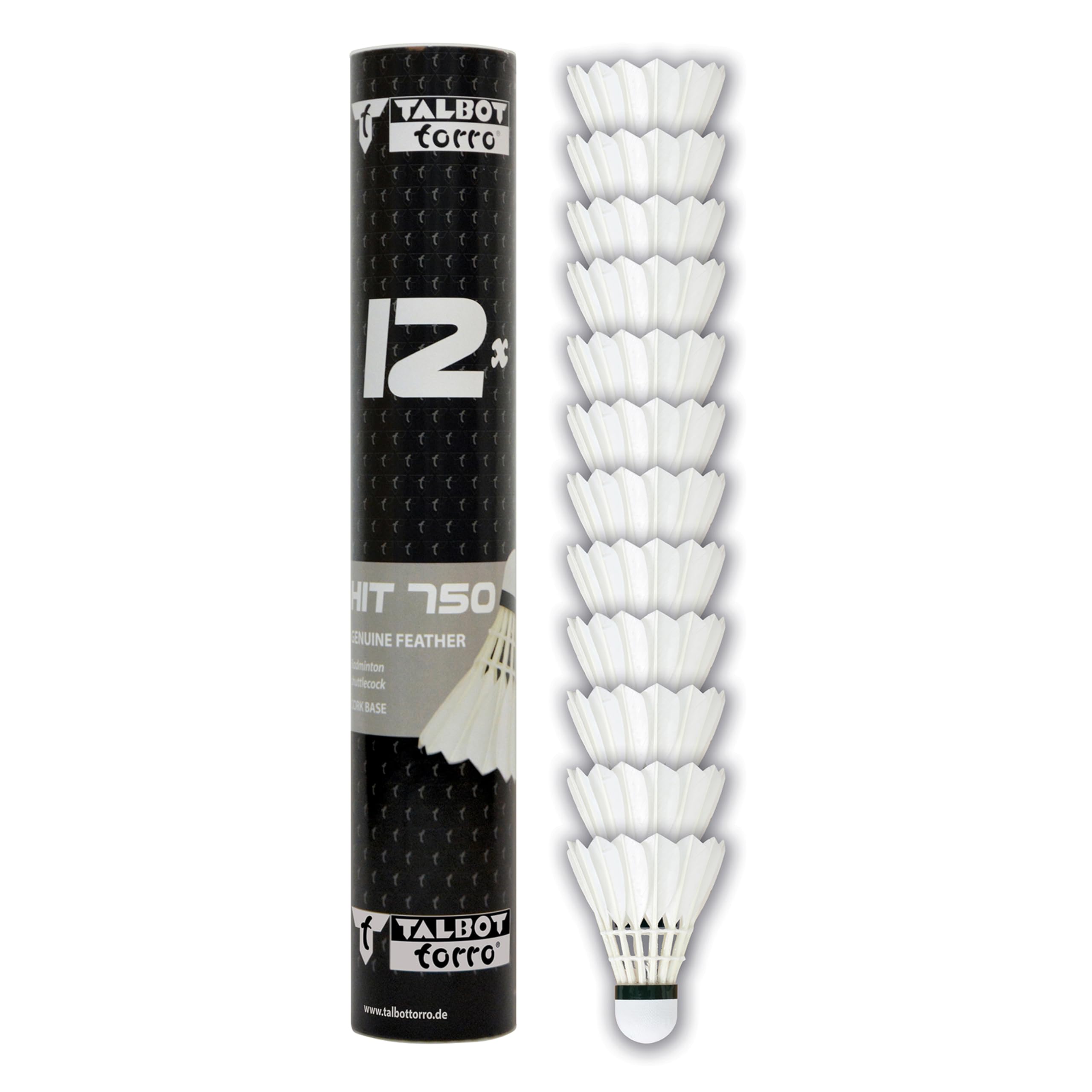 Talbot-Torro Hit 750 Badminton Shuttlecoks, White Natural Feathers, Tube of 12, Speed ​​77 - Slow, 479086