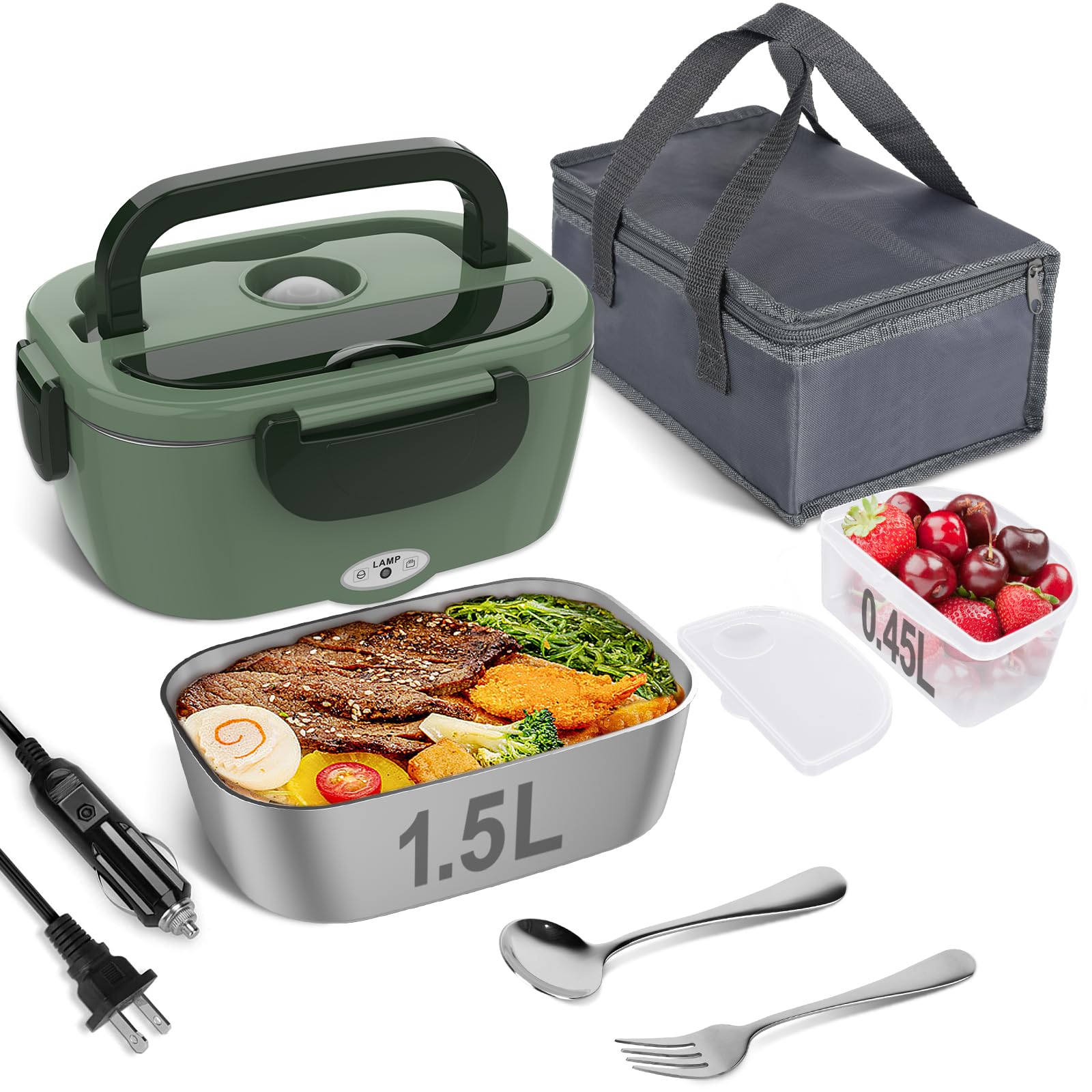 Photo 1 of Vabaso Electric Lunch Box for Adults, 80W Heated Lunch Box Portable Food Warmer Lunch Box for Work/Men/Car/Truck with 1.5L 304 Stainless Steel Container Fork & Spoon, 110V/12V/24V