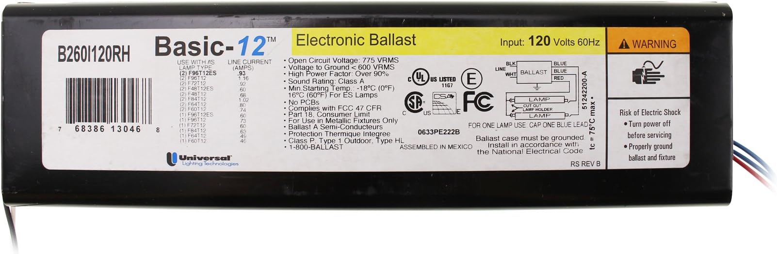 Universal B260I120H Electronic Fluorescent Ballast, 2 Lamp, 96W T12, 120V