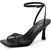 Goderci Kitten Strappy Heels for Women Square Open Toe Ankle Strap Buckle Stiletto Heels Dress Shoes