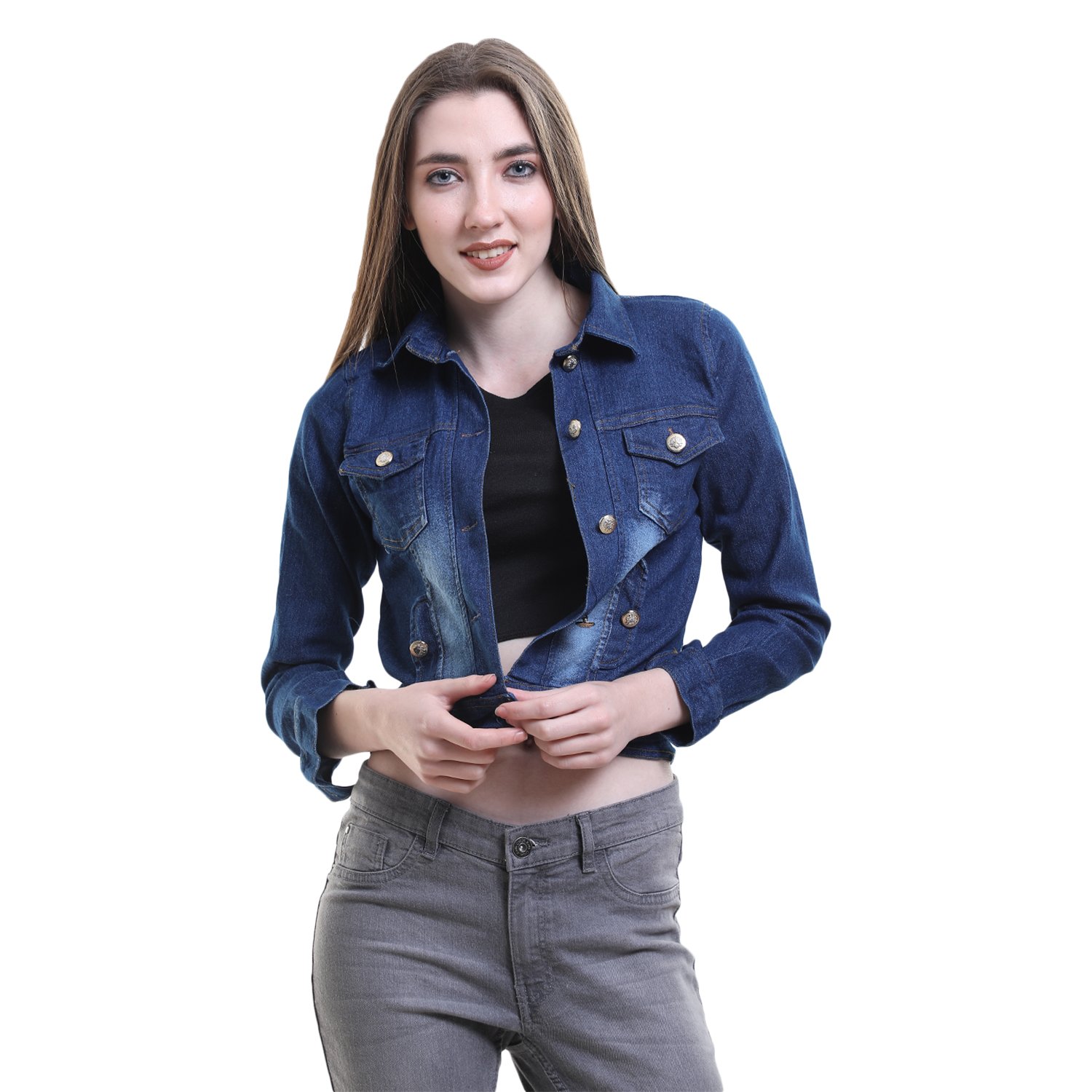 buynewtrend denim blue shrug/jacket for women