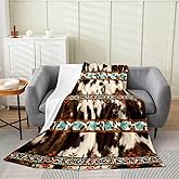 Erosebridal Cowhide Fleece Blanket Brown Highland Cow Blanket Western Farmhouse Wild Animals Longhorn Skin Throw Blanket Exotic Aztec Throw 50x60 Inch Living Room Decor Flannel Blanket
