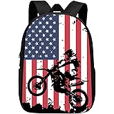 ALIFAFA Motocross Sport Motorcycle Vehicle with American Flag School Backpack Shoulder Daypack, Dirt-Bike Boy Men School Bag Outdoor Casual Backpack Travel Daypacks for Men Women Teens Kids