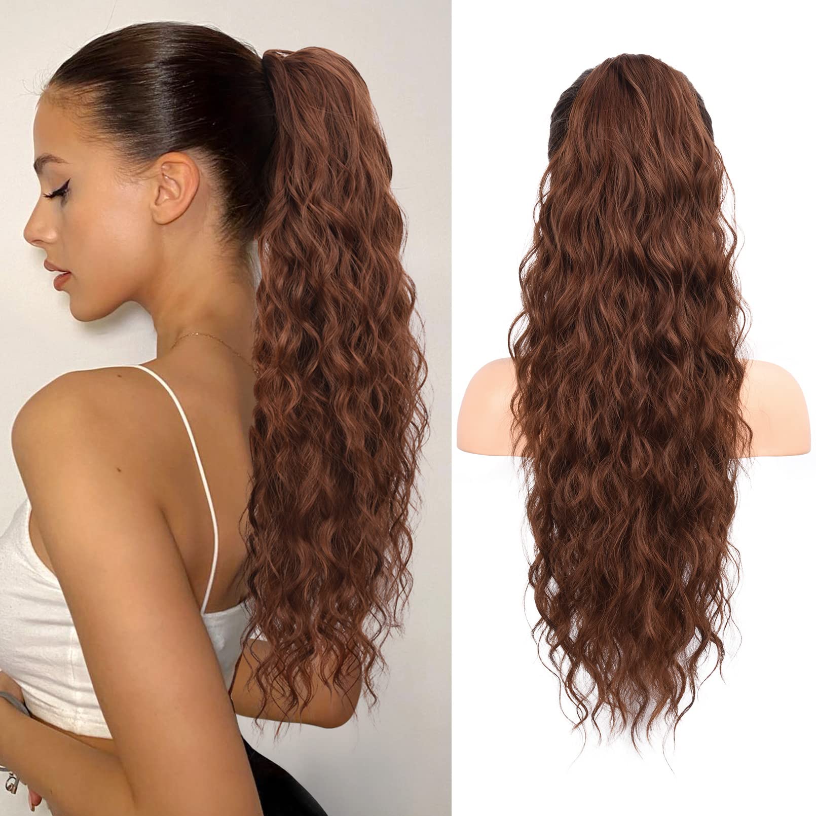 Flufymooz Ponytail Extension, 26 Inch Drawstring Ponytail Hair Extensions for Women，Long Curly Wavy Ponytail Natural Wavy Synthetic Hairpiece for Women Daily Use party (26 Inch Deep copper)