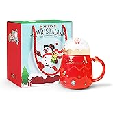 PARSUP Christmas Mug, Cute Ceramic Tea mugs with Santa Lid, Novelty Christmas Cup for Milk, Coffee, Hot Chocolate, Gift for Women, Kids, Colleagues, Family, Friends, 500ML/17.6OZ (Red)