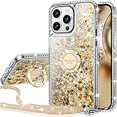 Silverback for iPhone 14 Pro Case with Ring, Moving Liquid Holographic Sparkle Glitter Case with Stand, Girls Women Bling Diamond Slim Protective Case for Apple iPhone 14 Pro 6.1''- Clear Gold
