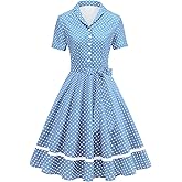 ODIZLI Women's 1950s Retro Dresses Short Sleeve Polka Dot Belted Midi Dress Swing Dresses Cocktail Party Evening Dress