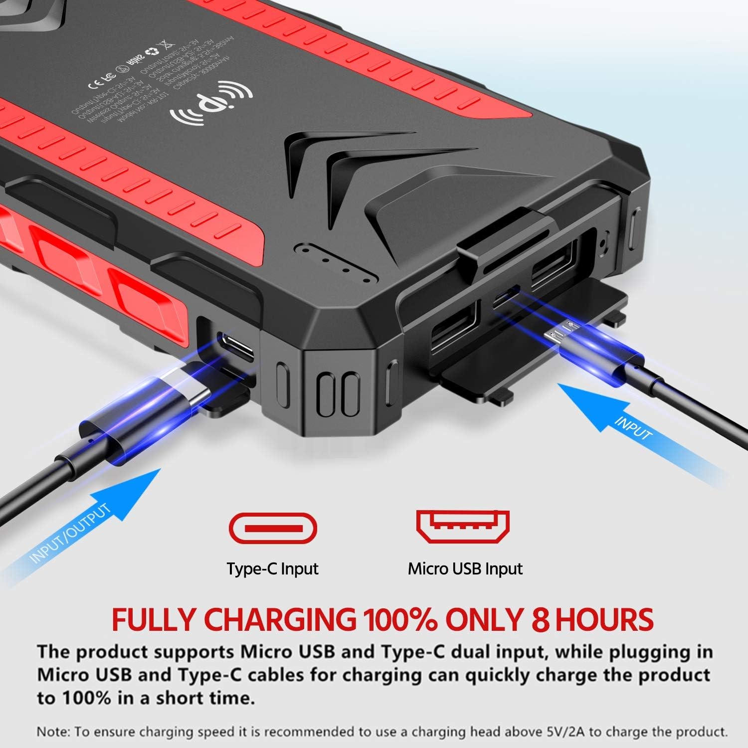 Solar Power Bank 30000mAh, Solar Charger, Qi Wireless Charger, Outputs 5V/3A High-Speed & 2 Inputs Huge Capacity Phone Charger for Smartphones, IP66 Rating, Strong Light LED Flashlights