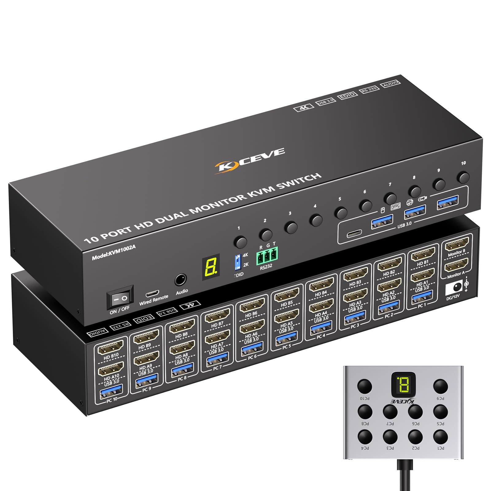 Photo 1 of 10 Port HDMI KVM Switch 2 Monitors 10 Computers 4K@60Hz EDID Simulation,Dual Monitor KVM Switch with 4 USB 3.0 Ports for Keyboard Mouse Printer,Audio RS232,with Controller,12V Power and 10 USB Cables