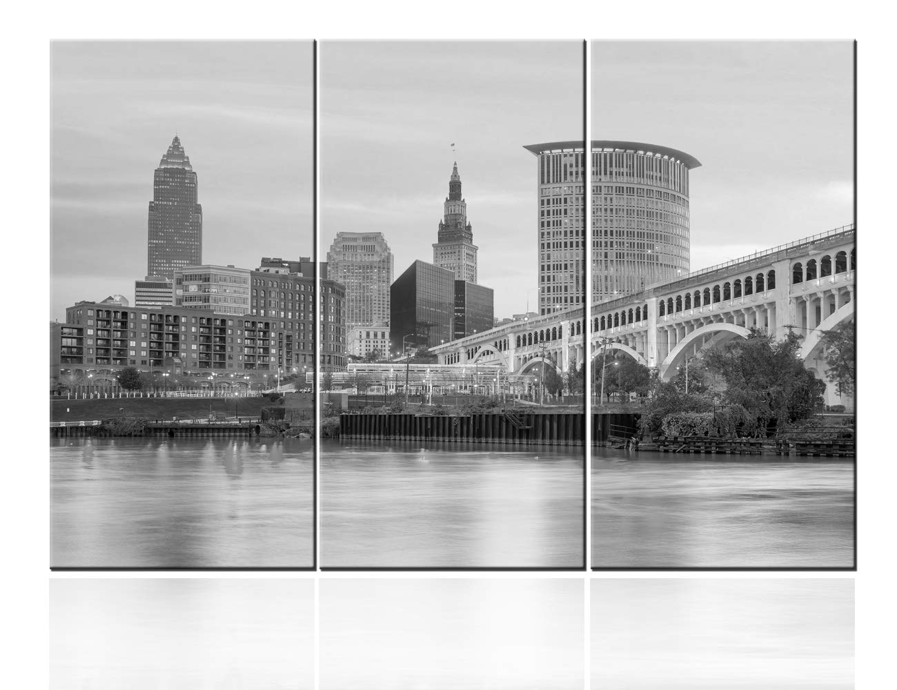 TUMOVO Wall Art Canvas Pictures of Cleveland Skyline for Your Living Room - Ohio Cityscape Prints - Modern Split Set of 3 City Canvases - Multi Panel Ready to Hang 28‘’ x 14‘’ x 3 Pieces