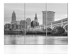 TUMOVO Wall Art Canvas Pictures of Cleveland Skyline for Your Living Room - Ohio Cityscape Prints - Modern Split Set of 3 City Canvases - Multi Panel Ready to Hang 28‘’ x 14‘’ x 3 Pieces