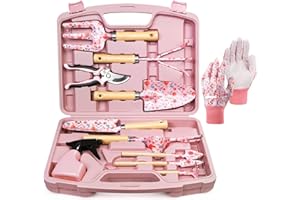Grenebo 12-Piece Womens Gardening Tools Gift Set, Rust-Proof & Heavy-Duty Garden Tools with Durable Carrying Case, Fashionable & Thoughtful Gardening Gifts for Women&Men (Pink)