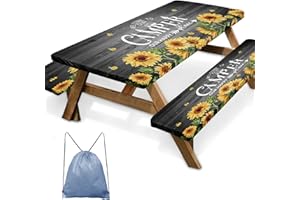Nesphy Sunflower Picnic Table Cover with Bench Covers, Rustic Grey Wooden Summer Floral Farmhouse Outdoor Camping Essentials 6FT 3PCS Fitted Rectangle RV Must Haves Tablecloth with Drawstring Bag