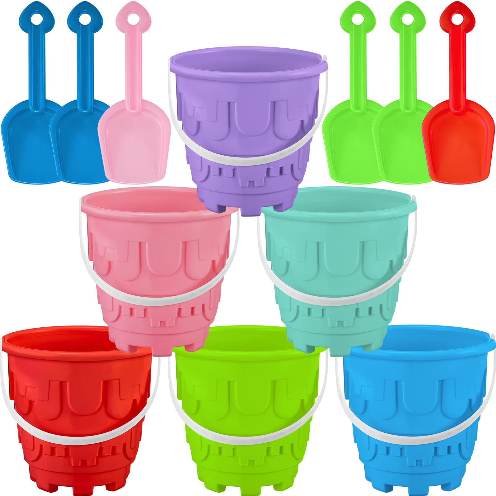 Photo 1 of Chivao 6 Pack 7 Inch Beach Sand Buckets and Shovels Sets Castle Model Sand Buckets and Shovels Set Beach Pails Toys Use for Mould at The Sandbox Summer Pool Party Favors