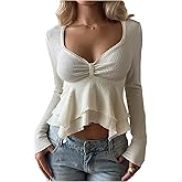 SHENHE Women's Fall Long Sleeve Layered Ruffle Crop Top Sweetheart Neck Cute Going Out Top