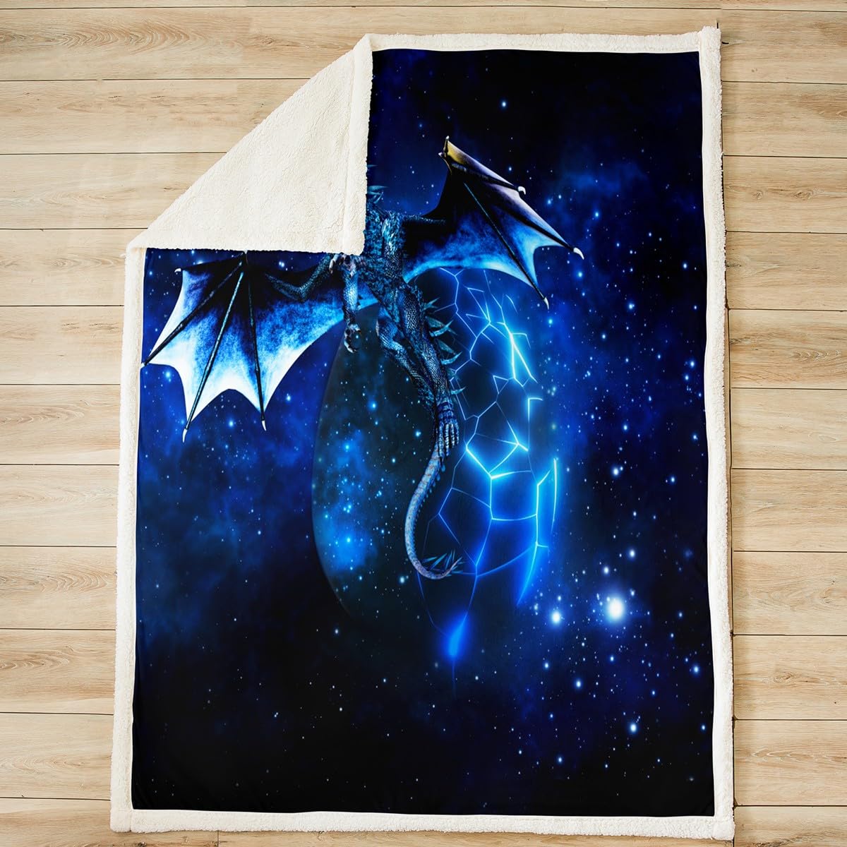 Loussiesd Galaxy Dragon Sherpa Throw Blanket - Chic Outer Space Starry Sky Fleece for Bed - Jungle Animals Soft Children Bedroom Decor - Blue Black Plush Single 50"x60"
