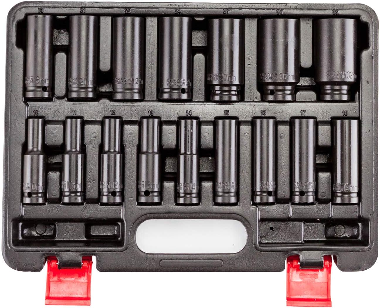 16pcs Long Deep Impact Socket Set 1/2" Dr. 6pt CRV 1032mm Metric Power