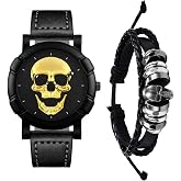 Aroncent Skull Leather Bracelet Watch: 2Pcs Gothic Punk Rock Cuff Wrist Watch and Bracelet Set - Analog Quartz Wristwatch for Men and Women Halloween