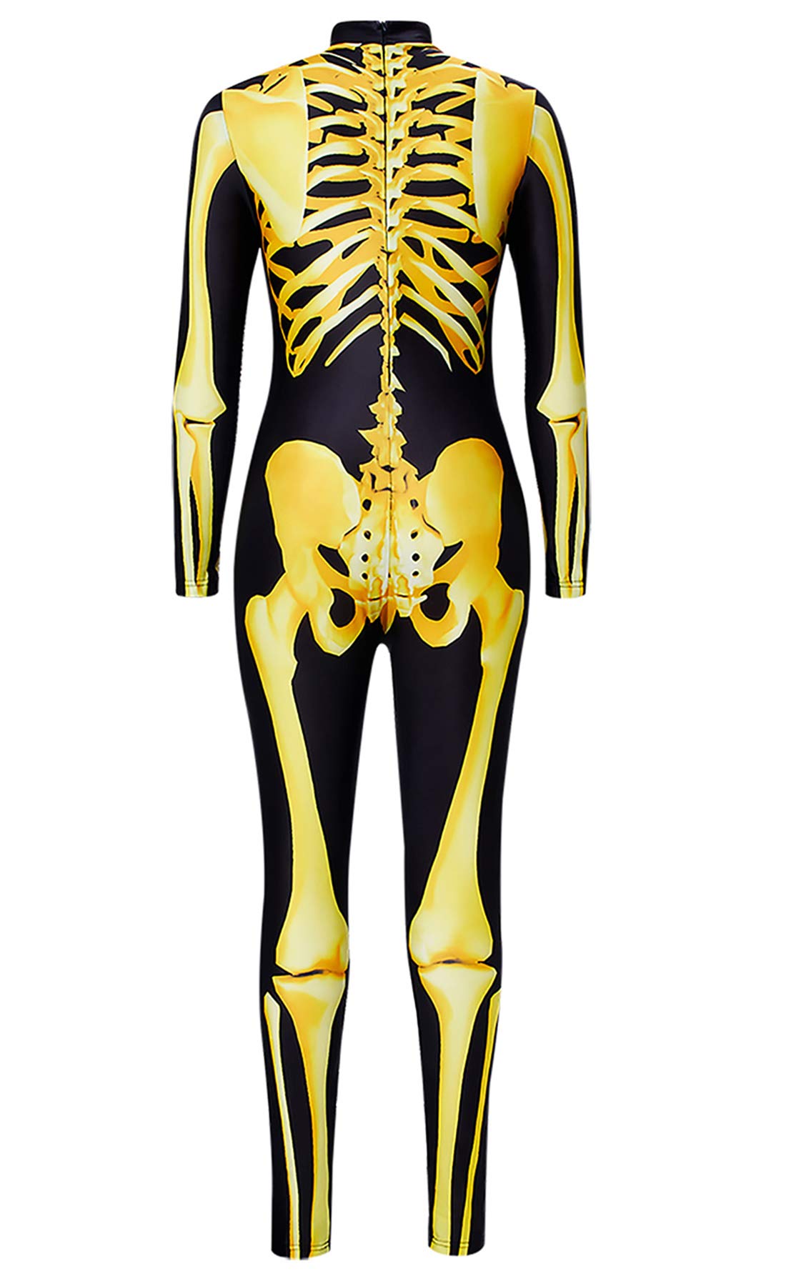 RAISEVERN Women\'s Halloween Jumpsuit Print 3D Digital Zombie Print Skeleton Bodysuit Slim Fit Gold Yellow Skull Costume Unique Tights Skin Suit Catsuit Jumpsuit for Holiday Night Party