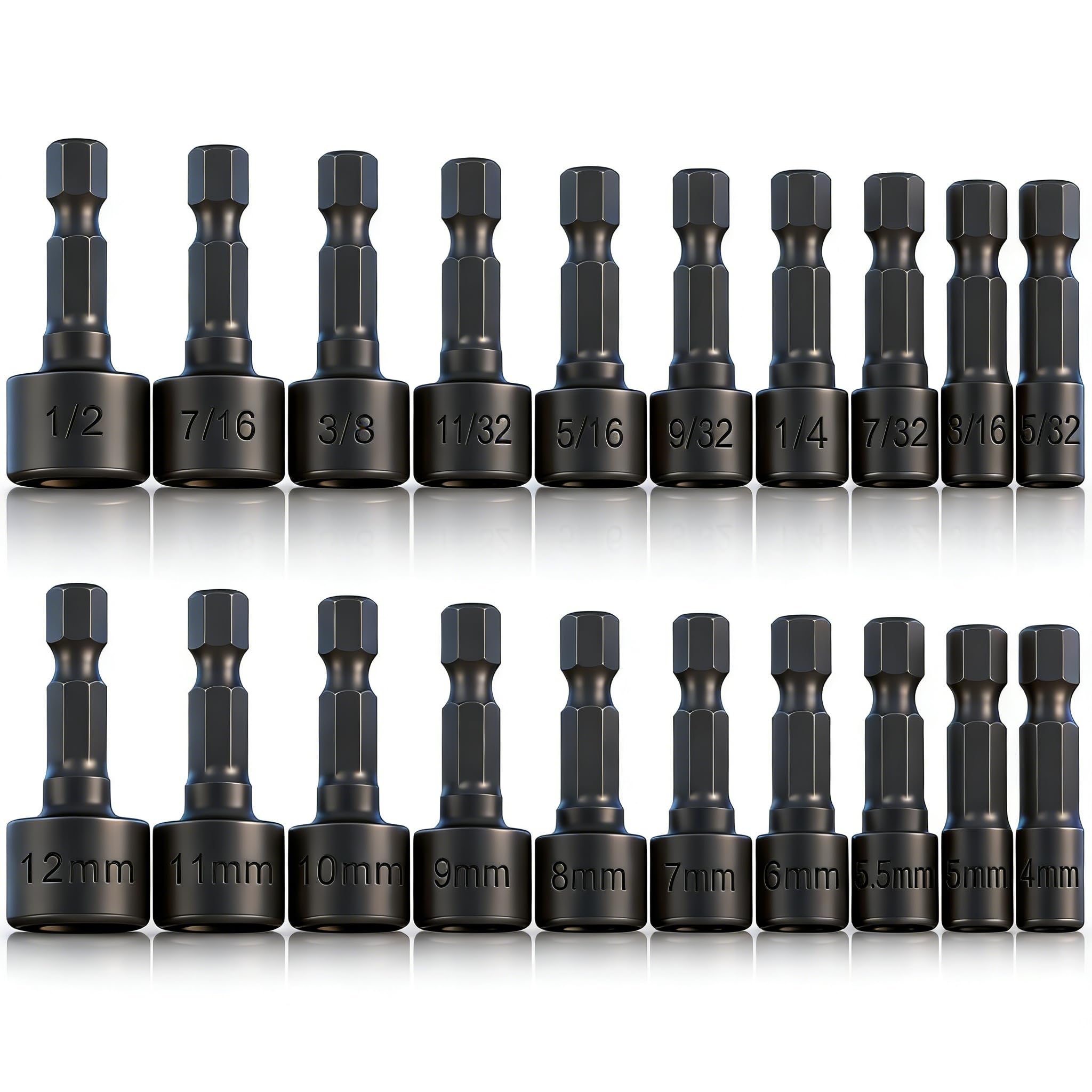 Hexagonal Drill Tool, 20pcs 4-12mm Hex Shank Magnetic Nut Setter Driver 1/4 Inch Hex Shank Quick Change Metric and Imperial Socket Nut Impact Driver Adapter Drill Bits for Any Hand Drill