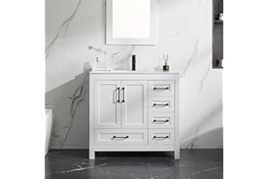 LUCKWIND 36" Bathroom Vanity and Sink Combos, Modern Bathroom Storage Cabinet with Ceramic Sink, Matte Black Faucet and 5 Drawers, Mirror is NOT Included, White