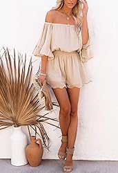 Fixmatti Ladies Chiffon Rompers Flare Sleeve Off