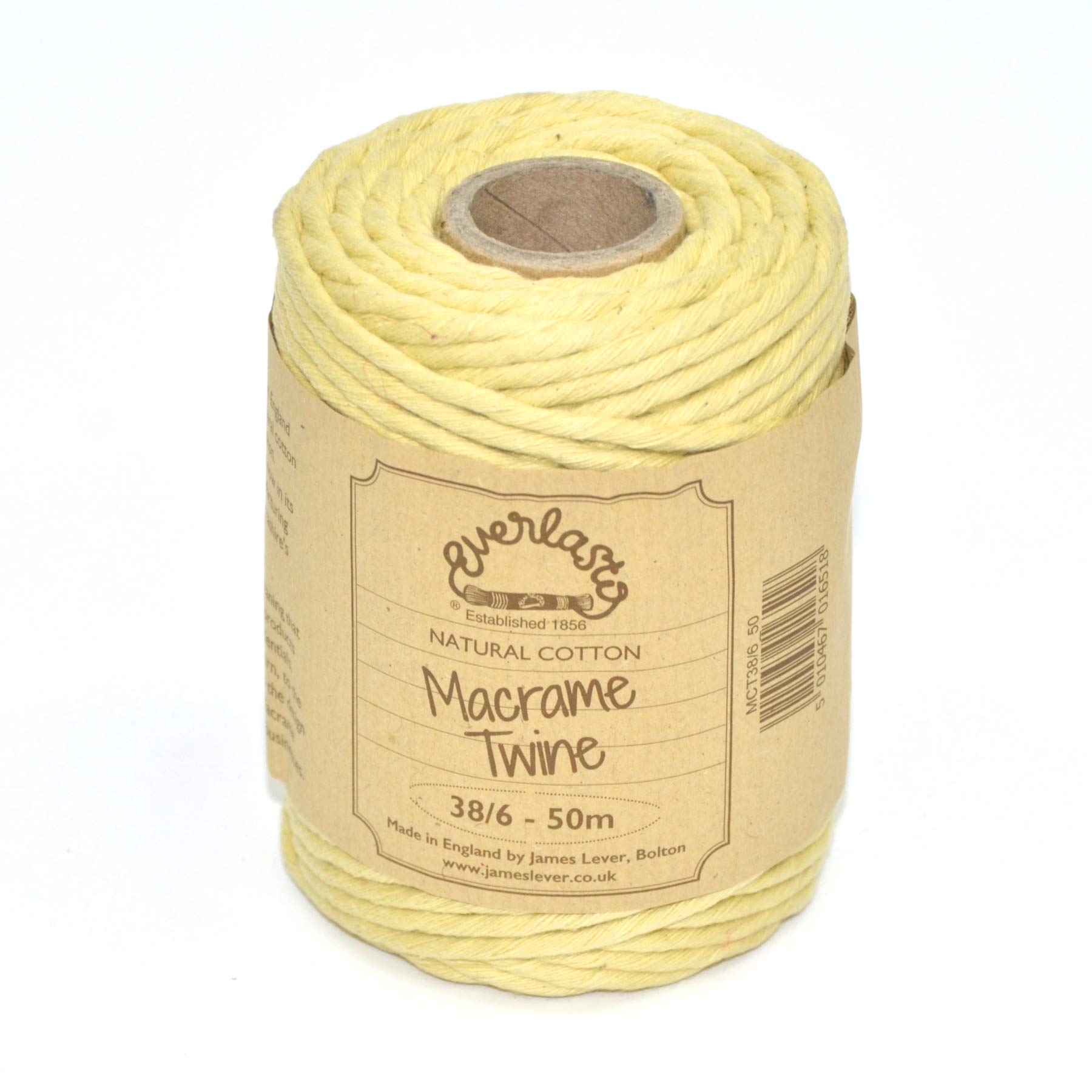 50M Spools - Everlasto Single Twist Soft Cotton Coloured Macrame Craft Twine 38/6 (4mm approx) (Lemon)