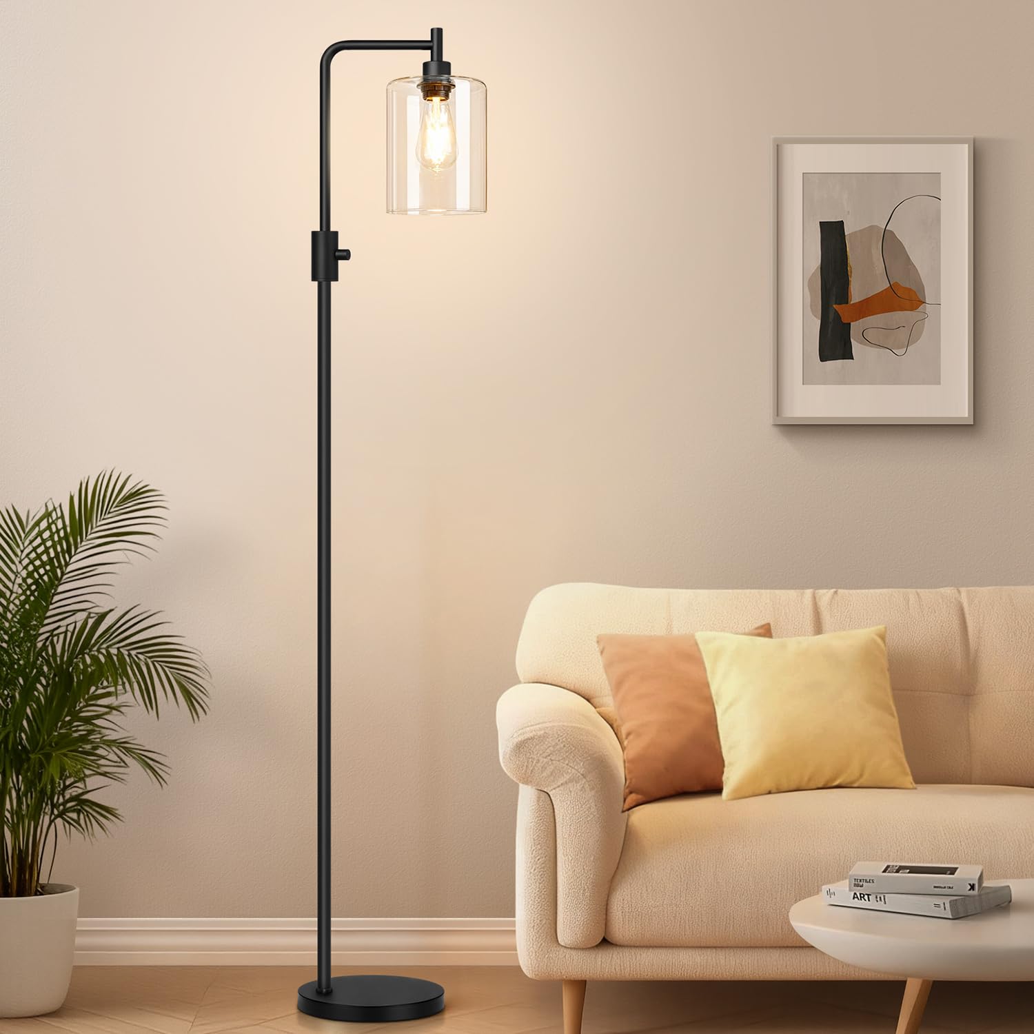Photo 1 of ?Upgraded?Dimmable Floor Lamp for Living Room with Glass Shade, Black Modern Industrial Floor Lamp with 900LM LED Bulb Included, Bright Standing Tall Lamp for Bedroom, Office, Reading Room, Corner