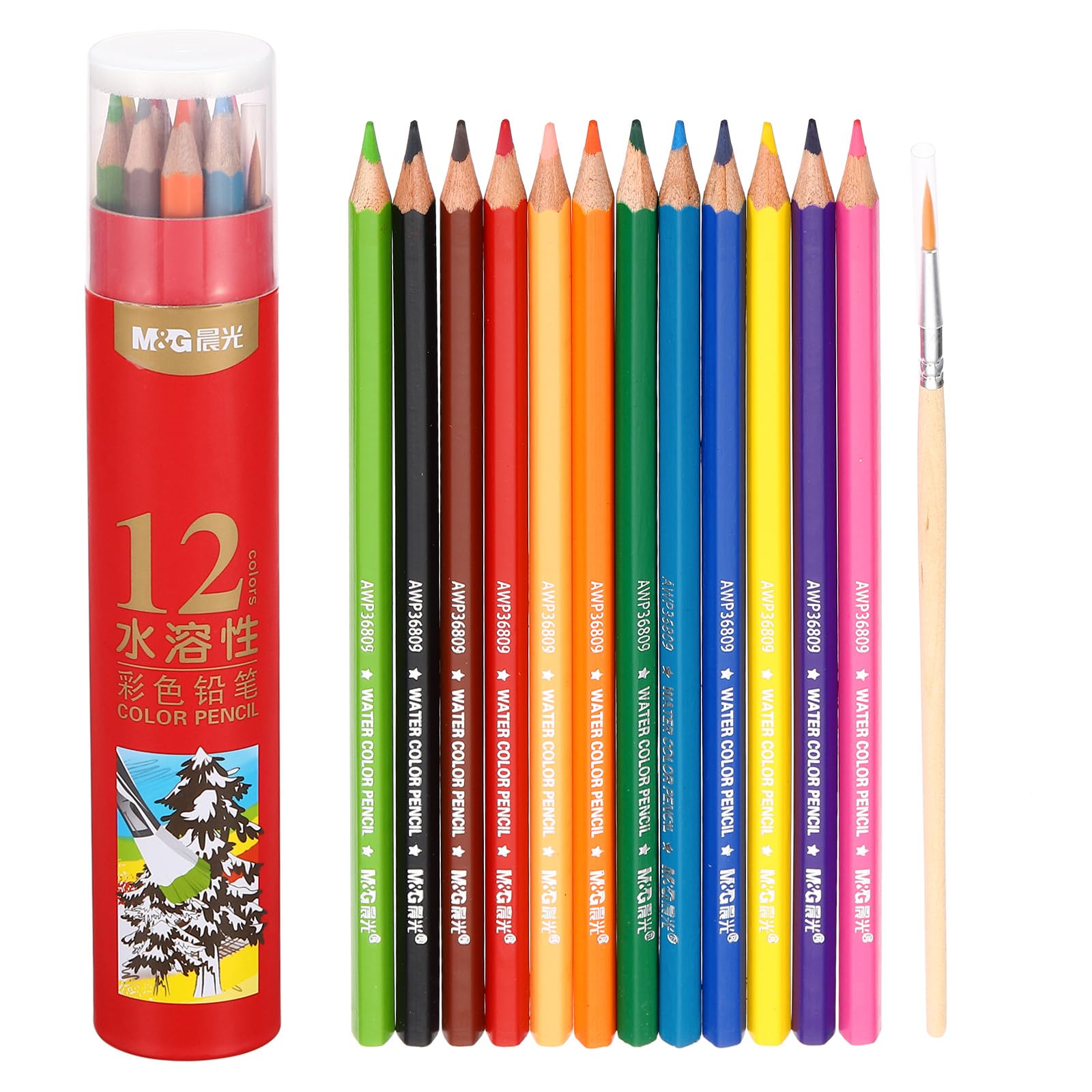 M&G 12 Colors Colored Pencils Set, 12pcs Drawing Color Pencil Water Soluble Art Supplies for Beginner Adult Coloring Book Gifts with Painting Brush