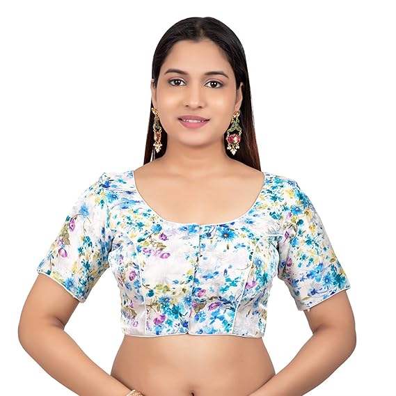 Womens Dupion Silk Rose Printed Designer Princess Cut Padded Readymade Saree Blouse