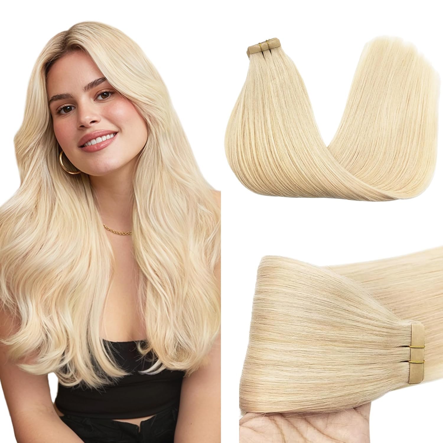 GOO GOO Tape in Hair Extensions human hair, tape Hair Extensions, 24inch 50g 20pcs, Human Hair Extensions, 613R1 Bleach Blonde — image 1