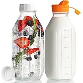 Dwbligt 32 oz Reusable Glass Milk Bottles with Silicone Dispenser Cap, 2 Pack Glass Jars with Airtight Screw Lid, Leak Proof Juice Bottles with Scale Mark Breastmilk Storage Container for Fridge