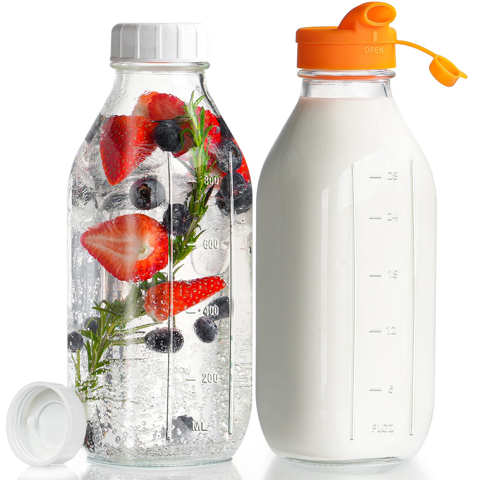 Photo 1 of ***ONLY ONE***Dwbligt 32 oz Reusable Glass Milk Bottles with Silicone Dispenser Cap, Glass Jars with Airtight Screw Lid, Leak Proof Juice Bottles with Scale Mark Breastmilk Storage Container for Fridge