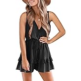 Valphsio Womens V Neck Beach Tank Rompers Flowy Ruffle Layered Shorts Jumpsuit High Waist