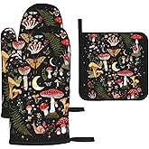 Mushroom Oven Mitts and Pot Holders Sets, Heat Resistant Black Hot Pads Witchy Oven Gloves for Cooking Grilling Baking Kitchen Decor Aesthetic, Witchy Gifts for Women,Mushroom Gifts for Women