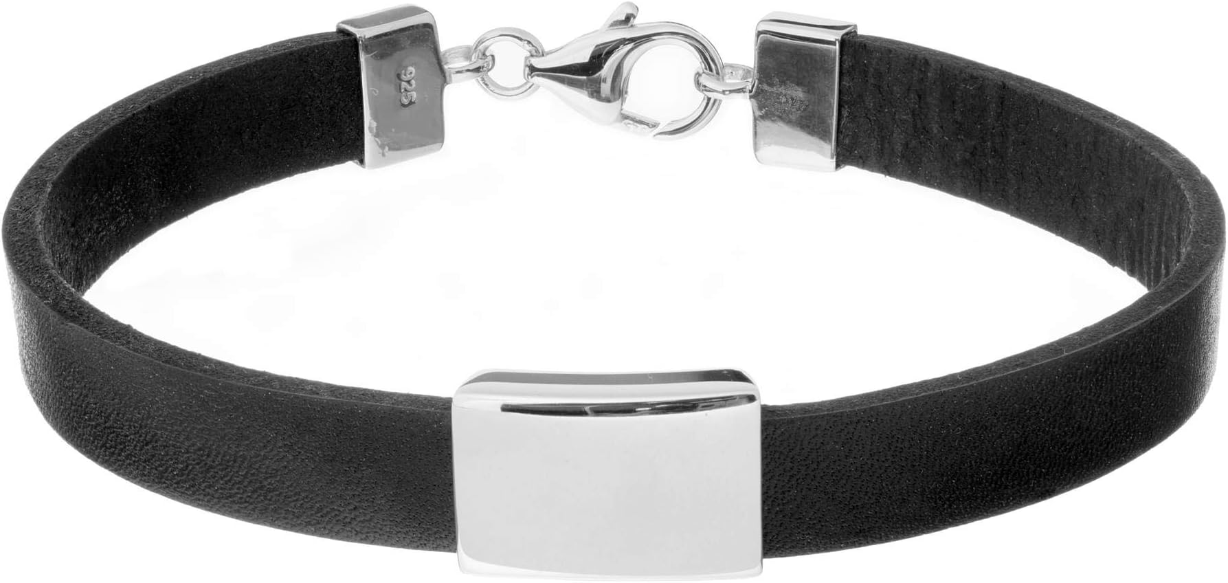 SilverlyMen's 925 Sterling Silver Black Leather Engravable Bead Wristband Bracelet, 8"