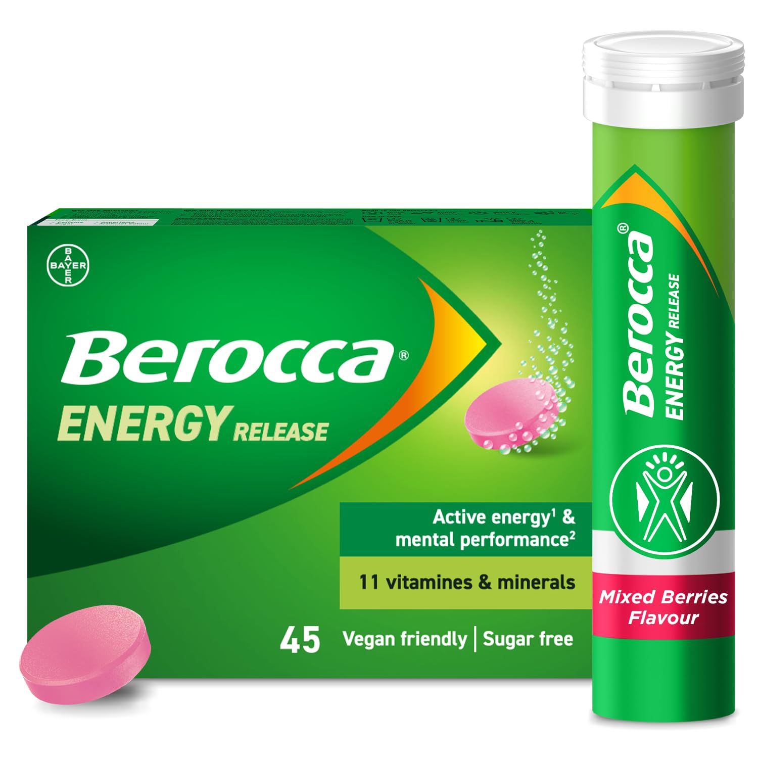 Berocca Vitamin C Effervescent Tablets - Including B Vitamins, Magnesium, Calcium & Zinc - Support Energy Release & Immune System - 45 Tablets - Mixed Berries Flavour