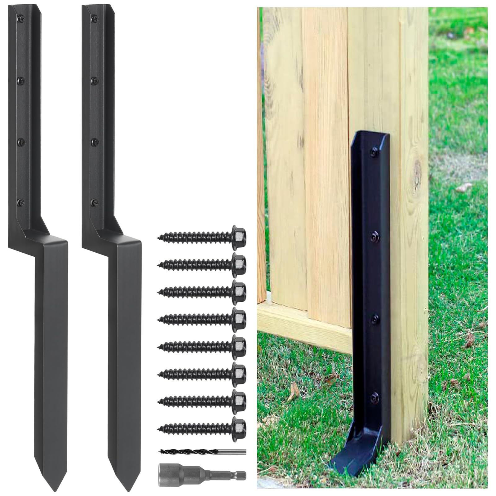 Anmas Power Heavy Duty Steel Fence Post Repair Stakes - 2 Pack Ground Spike for Tilted/Broken Wood Fence Post