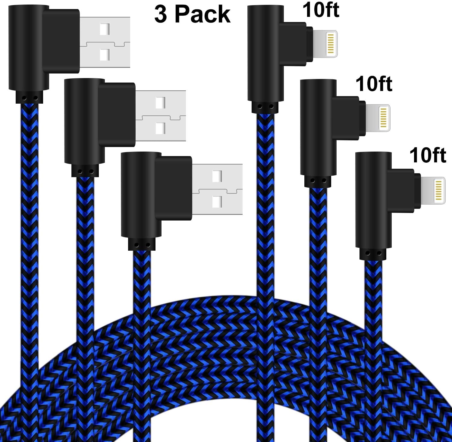 Lightning Cable 10ft 90 Degree iPhone Charger 3 Pack Right Angle iPhone Charging Cable Nylon Braided Fast Charge Cord Compatible with iPhone 12/11/ XS/XR/X/8 Plus/7 Plus/6 Plus (Blue)