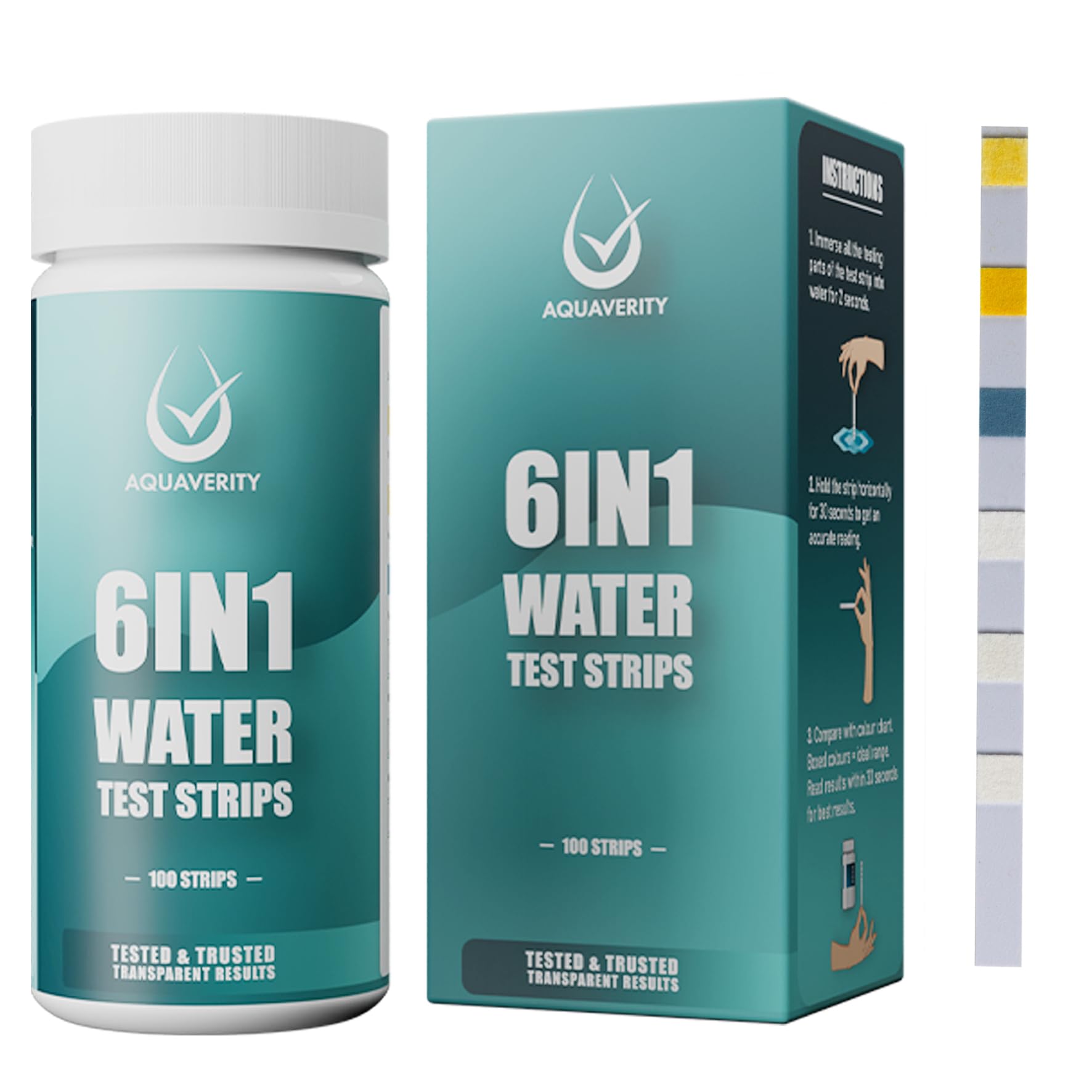 AQUAVERITY Aquarium Test Strips, 100 Fish Tank Test Strips for Marine and Tropical Aquarium Test Kit Carbonate, pH, Hardness, Free Chlorine, Nitrate, Nitrite, Accurate 6 in 1 Fish Tank Accessories