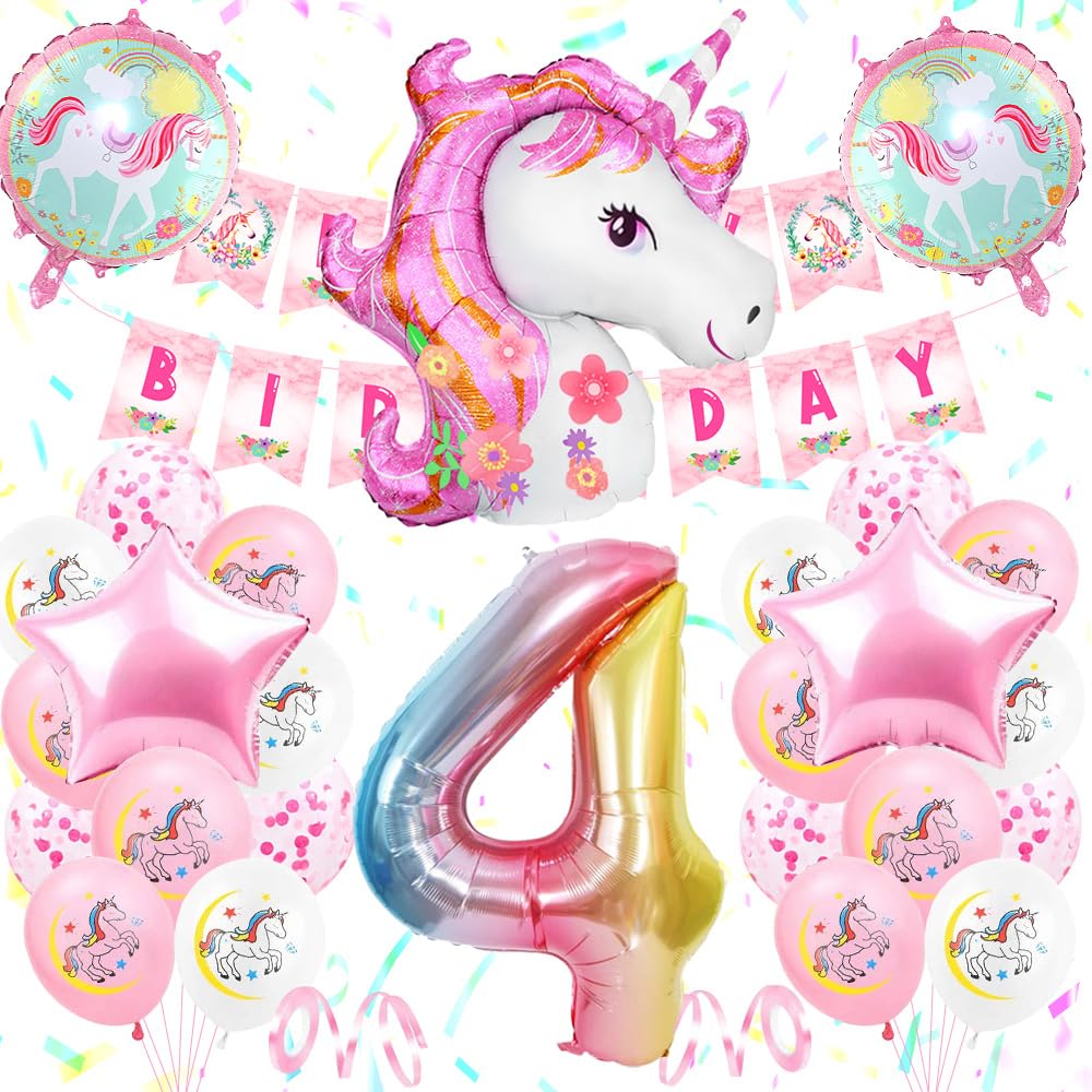 TOLOYE 4th Birthday Party Decoration Girls, Unicorn Theme, Pink & White Balloons, Large Number 4 Foil Balloon, Party Supplies for Baby Girls Birthday Celebration