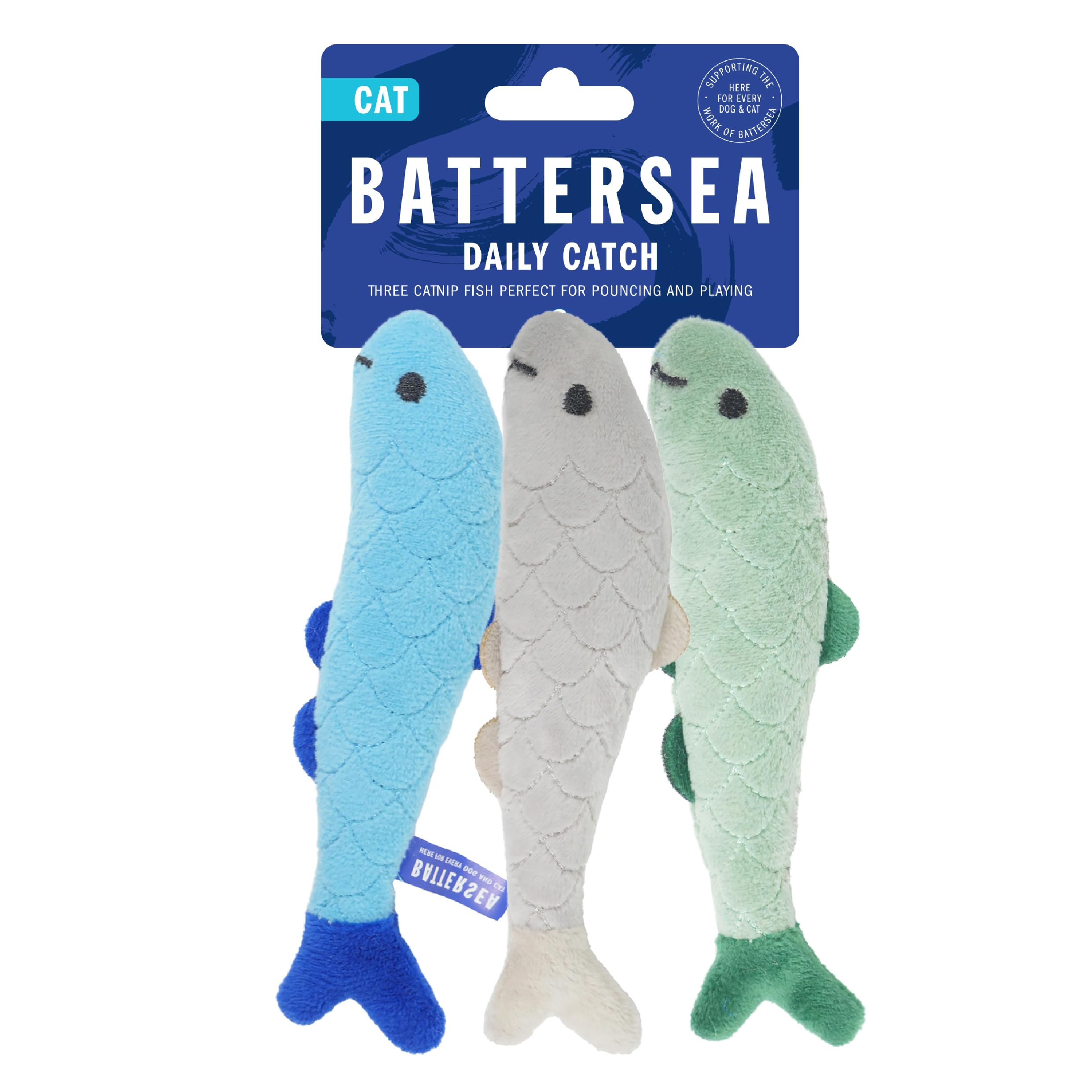 Rosewood Battersea Pack of 3 Cat Toys – Three Soft Plush Daily Catch Fish Toys for Cats and Kittens, Catnip-Infused, Interactive and Engaging Play for All Breeds, UK Charity Partnership