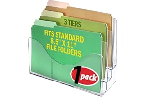 Azar Displays 250099 Three Tier File and Brochure Desktop Wall Organizer Holder with Dividers brochure display stand acrylic file holder, Clear