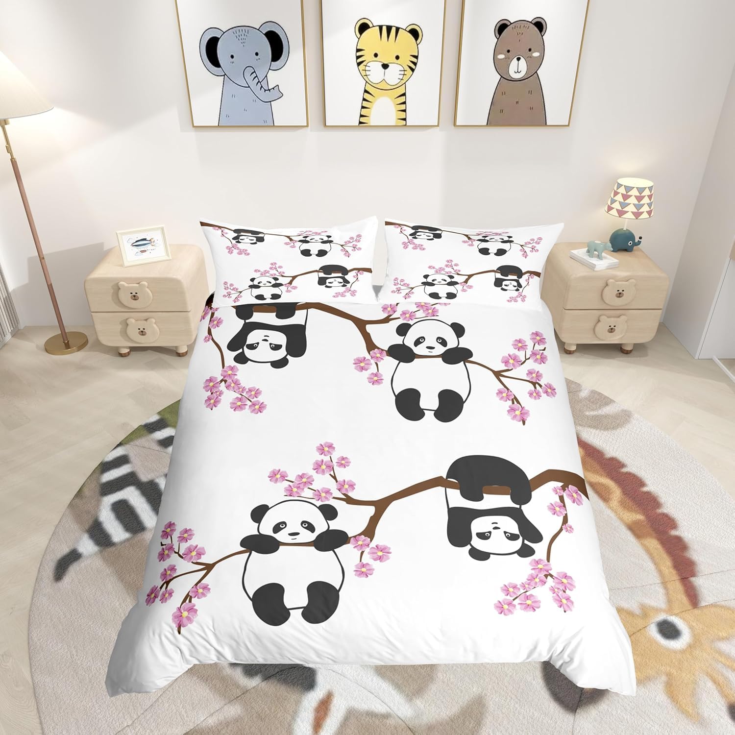 Loussiesd Cute Panda Bedding Set for Girls Boys Kids Cartoon Giant Panda Bedding Double Cherry Blossom Decor Duvet Cover Lover Animal Duvet Cover Bedroom Collection