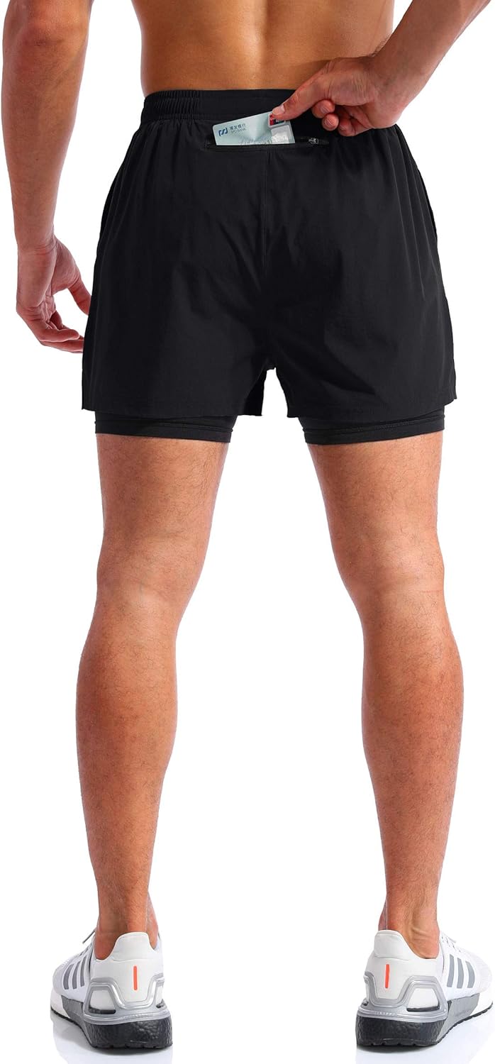 Pudolla Men’s 2 in 1 Running Shorts 5" Quick Dry Gym Athletic Workout Shorts for Men with Phone Pockets: Clothing
